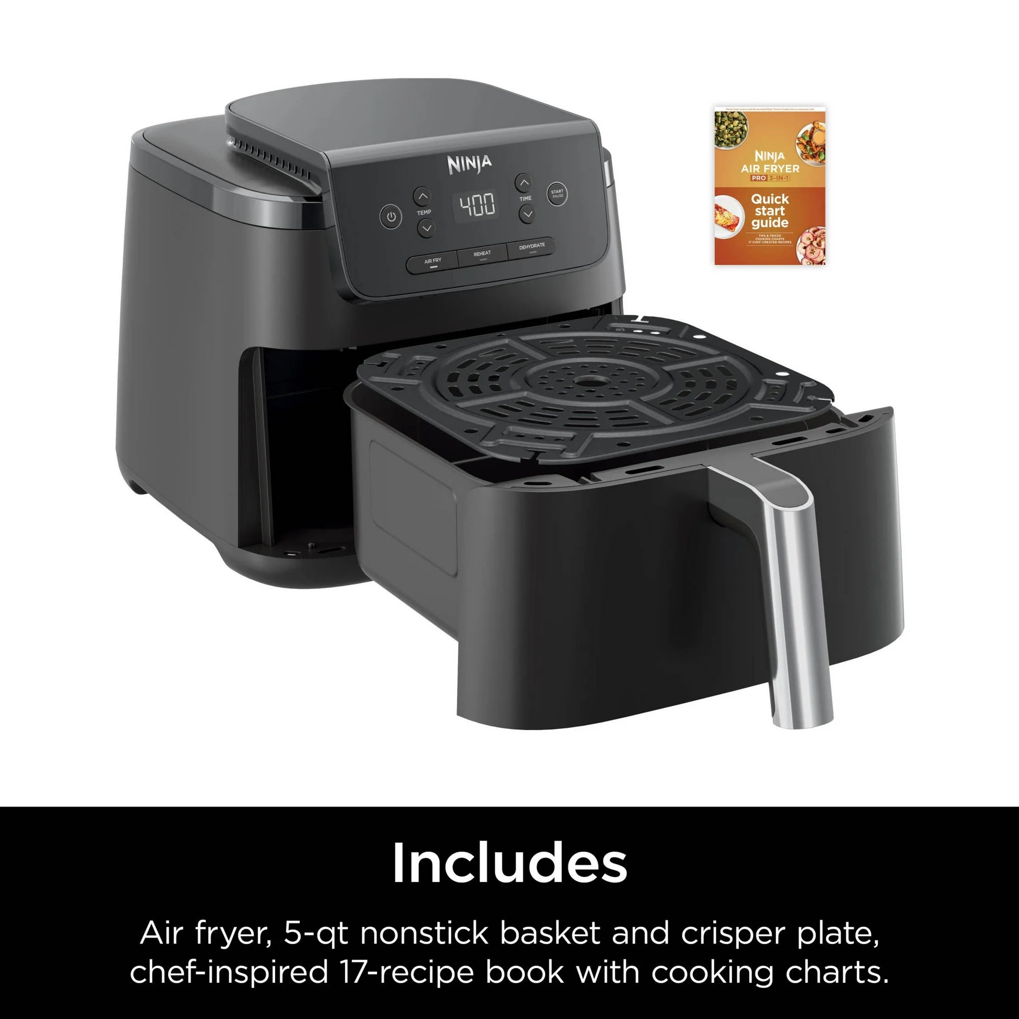 Ninja Pro 3-in-1 Air Fryer, XL 5-Qt Basket, 3 Functions, Air Crisp Technology, Non-Stick, Crisper Plate, AF140 Black