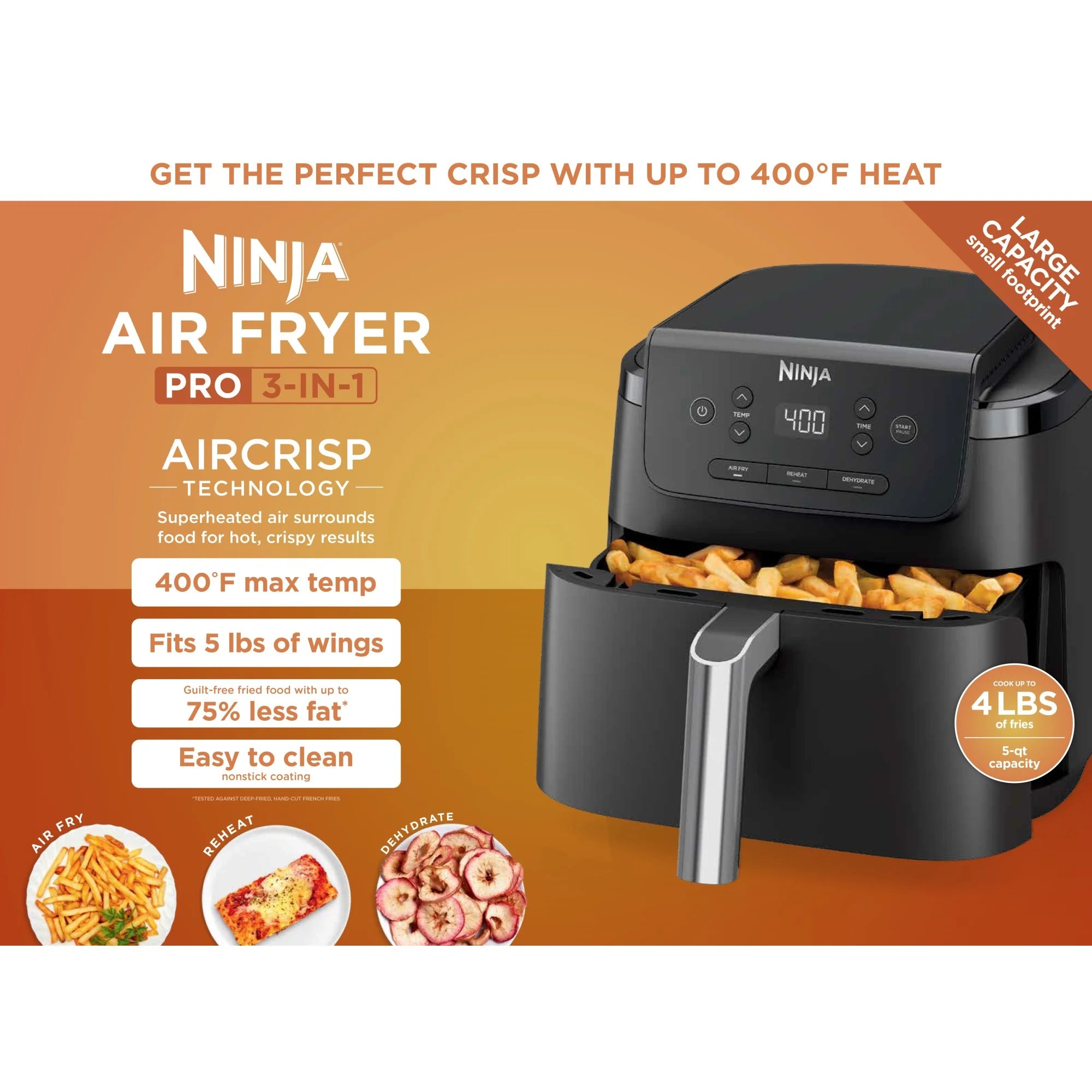 Ninja Pro 3-in-1 Air Fryer, XL 5-Qt Basket, 3 Functions, Air Crisp Technology, Non-Stick, Crisper Plate, AF140 Black