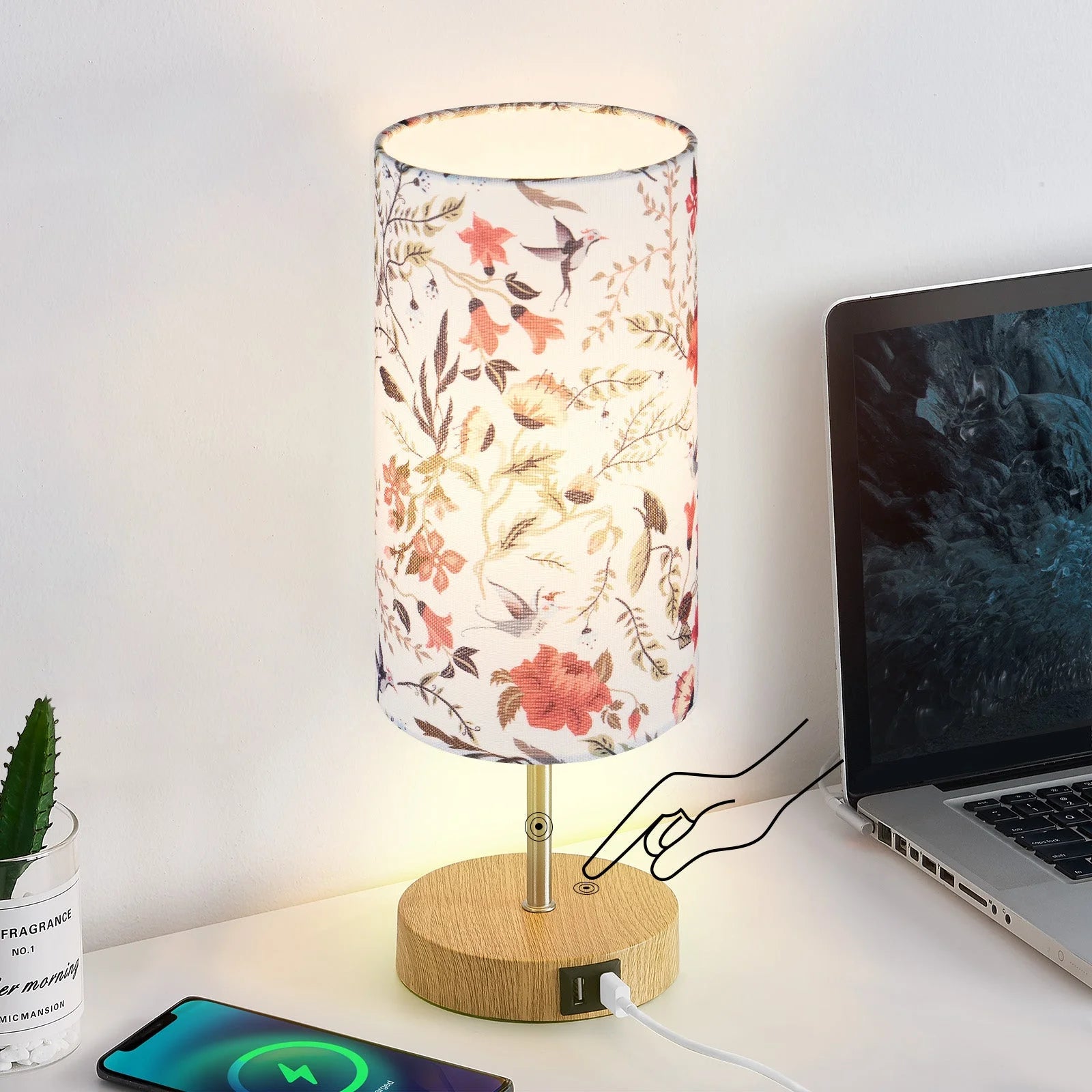 Cinkeda 15" Touch Control Single Small Table Lamp with Dual USB Ports Floral Print Shade 3-Way Dimmable Bedside Nightstand Lamp for Bedroom Living Room (1 Bulb)