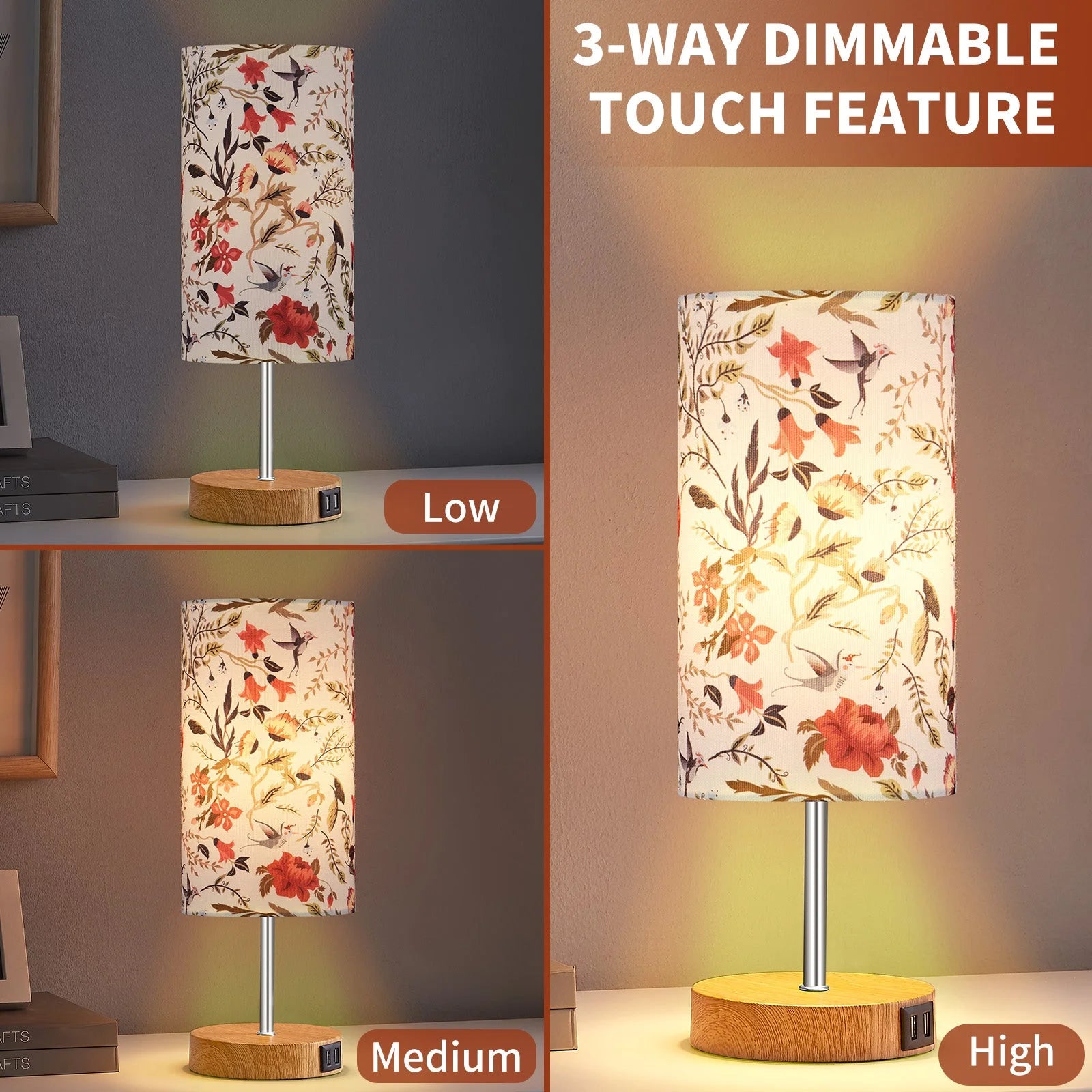 Cinkeda 15" Touch Control Single Small Table Lamp with Dual USB Ports Floral Print Shade 3-Way Dimmable Bedside Nightstand Lamp for Bedroom Living Room (1 Bulb)