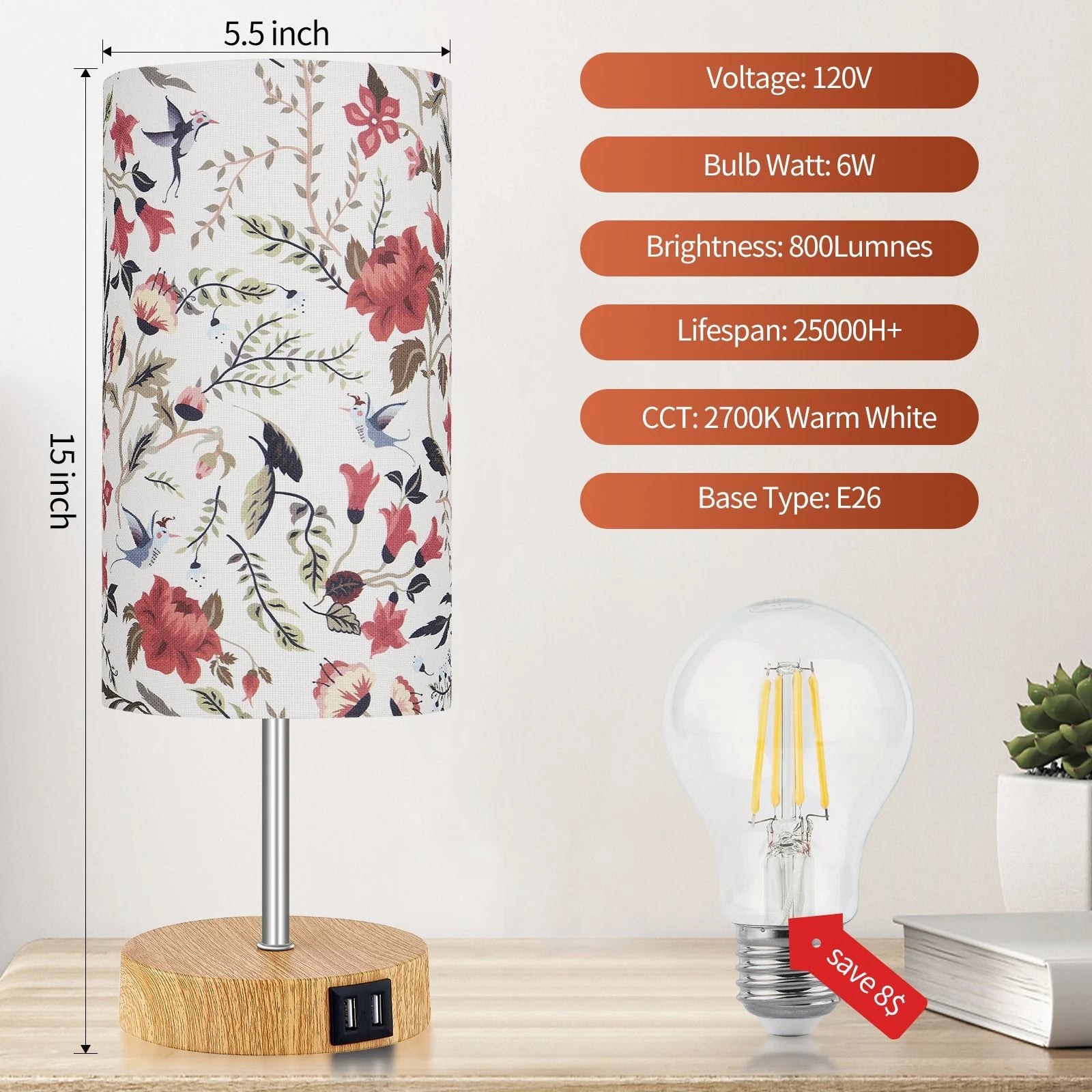 Cinkeda 15" Touch Control Single Small Table Lamp with Dual USB Ports Floral Print Shade 3-Way Dimmable Bedside Nightstand Lamp for Bedroom Living Room (1 Bulb)